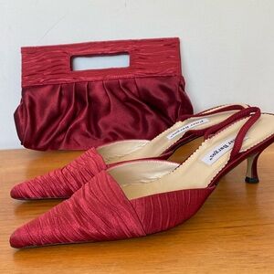 Pilar Burgos red satin shoes and matching clutch.